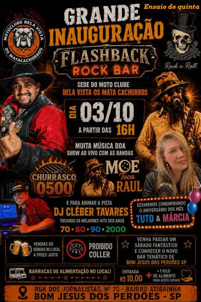Cartaz: Grande Inauguração Flashback Rock Bar - Motoclube Bela Vista Os Mata Cachorros