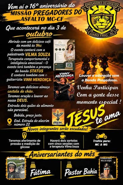 Cartaz: 16º Aniversário Missão Pregadores do Asfalto MC