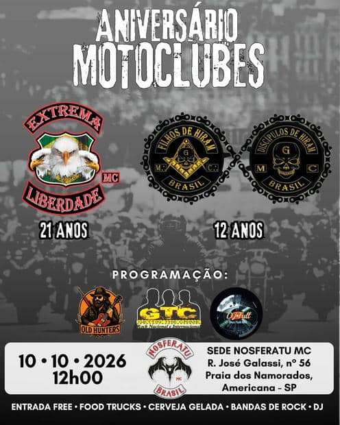 Cartaz: Aniversário Motoclubes - Extrema Liberdade MC 21 Anos e Filhos de Hiram 12 Anos
