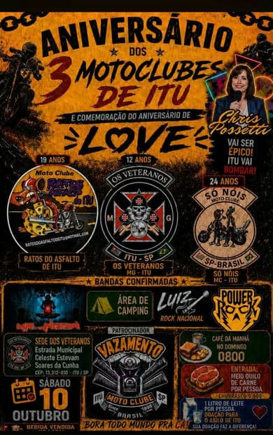 Cartaz: Aniversário dos 3 Motoclubes de Itu - Ratos do Asfalto, Os Veteranos e Só Nóis