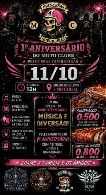 Cartaz: 1º Aniversário do Moto Clube Princesas Guerreiras