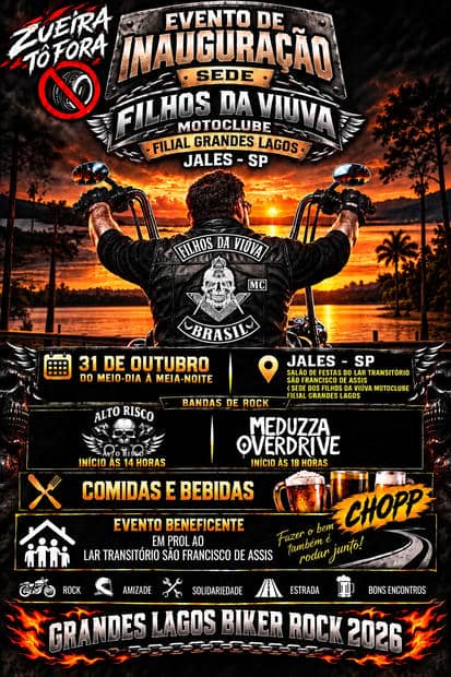 Cartaz: Grandes Lagos Biker Rock 2026 - Inauguração da Sede Filhos da Viúva Motoclube