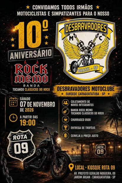 Cartaz: 10º Aniversário Desbravadores Motoclube - Subsede Caraguatatuba