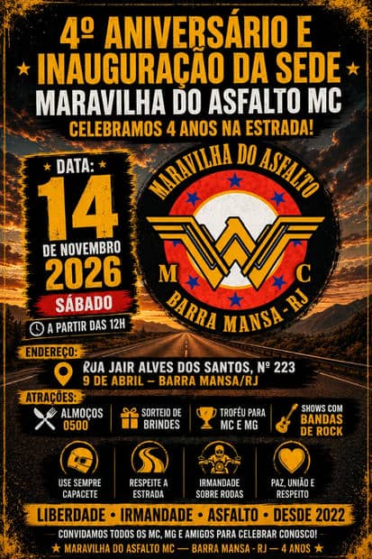 Cartaz: 4º Aniversário e Inauguração da Sede Maravilha do Asfalto MC